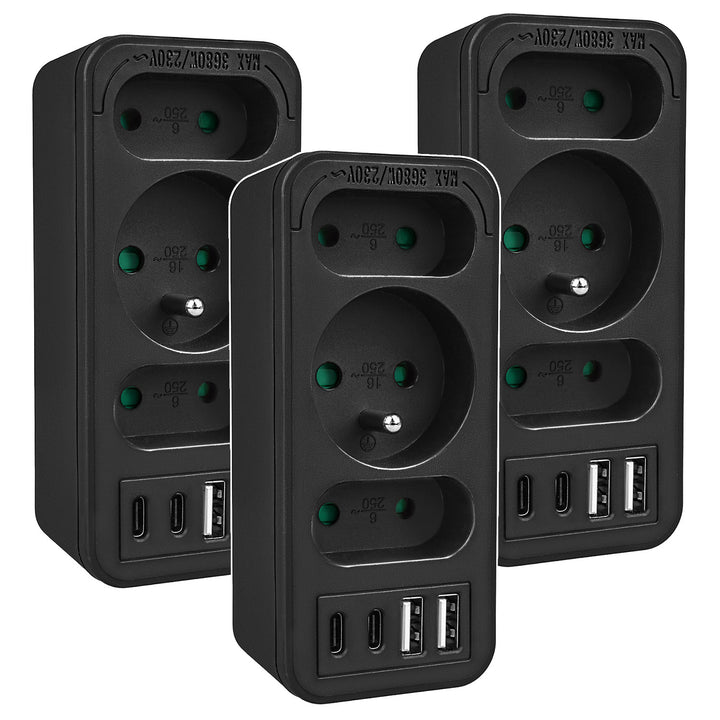 Stromanschluss x3 + 4xUSB Maclean, 3-Steckdosen-Verteiler, 2xUSB A, 2xUSB C PD 20W, 1x16A + 2x6A, MCE248 F/B, 3 Stück