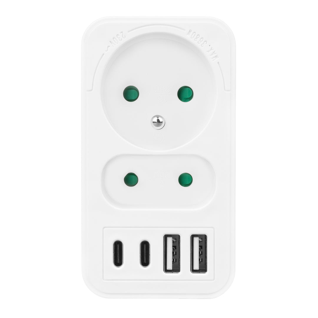 Maclean Stromsteckdose x2 + 4xUSB, Splitter mit 2 Steckdosen, 2xUSB A, 2xUSB C PD 20W, 1x16A + 1x6A, MCE249 F/W, 2 Stück
