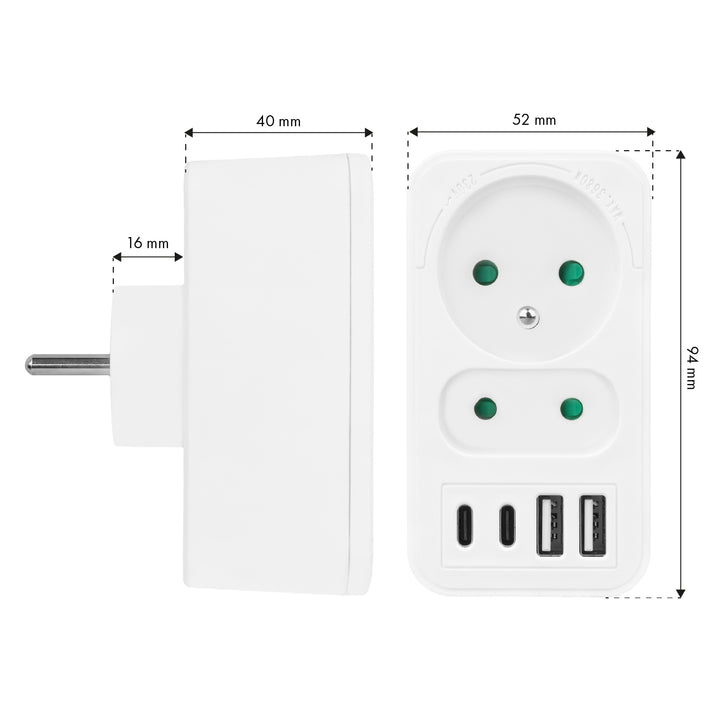 Maclean Stromsteckdose x2 + 4xUSB, Splitter mit 2 Steckdosen, 2xUSB A, 2xUSB C PD 20W, 1x16A + 1x6A, MCE249 F/W, 2 Stück