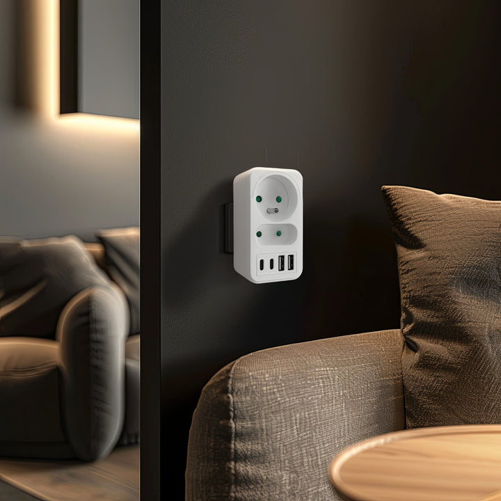 Maclean Stromsteckdose x2 + 4xUSB, Splitter mit 2 Steckdosen, 2xUSB A, 2xUSB C PD 20W, 1x16A + 1x6A, MCE249 F/W, 2 Stück