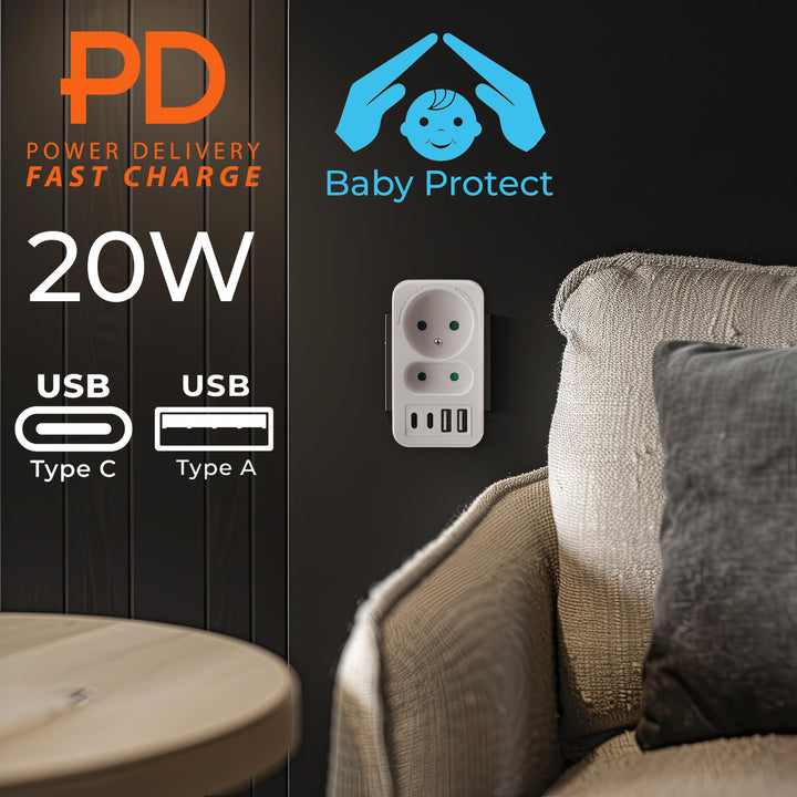 Maclean Stromsteckdose x2 + 4xUSB, Splitter mit 2 Steckdosen, 2xUSB A, 2xUSB C PD 20W, 1x16A + 1x6A, MCE249 F/W, 2 Stück