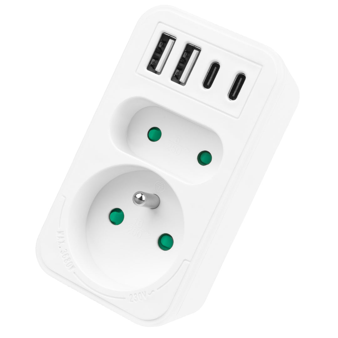 Maclean Stromsteckdose x2 + 4xUSB, Verteiler mit 2 Steckdosen, 2xUSB A, 2xUSB C PD 20W, 1x16A + 1x6A, MCE249 F/W, 3 Stück