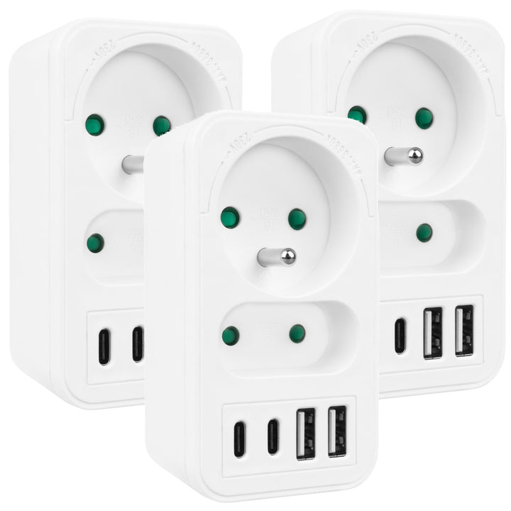 Maclean Stromsteckdose x2 + 4xUSB, Verteiler mit 2 Steckdosen, 2xUSB A, 2xUSB C PD 20W, 1x16A + 1x6A, MCE249 F/W, 3 Stück
