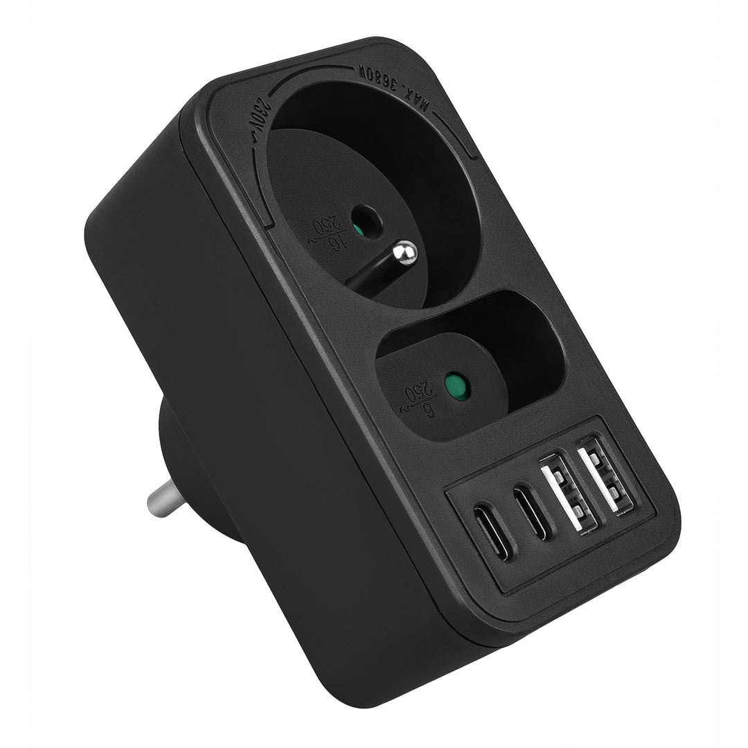 Maclean Stromsteckdose x2 + 4xUSB, Splitter mit 2 Steckdosen, 2xUSB A, 2xUSB C PD 20W, 1x16A + 1x6A, MCE249 F/B, 2 Stück