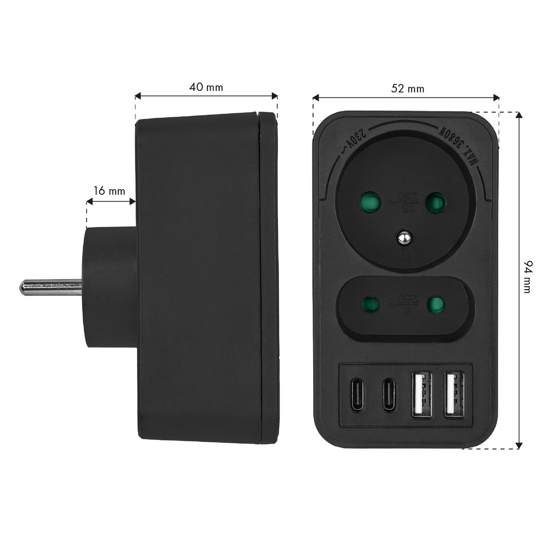 Maclean Stromsteckdose x2 + 4xUSB, Splitter mit 2 Steckdosen, 2xUSB A, 2xUSB C PD 20W, 1x16A + 1x6A, MCE249 F/B, 2 Stück