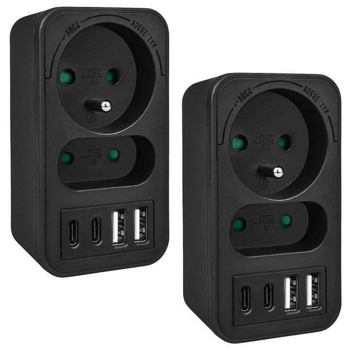 Maclean Stromsteckdose x2 + 4xUSB, Splitter mit 2 Steckdosen, 2xUSB A, 2xUSB C PD 20W, 1x16A + 1x6A, MCE249 F/B, 2 Stück