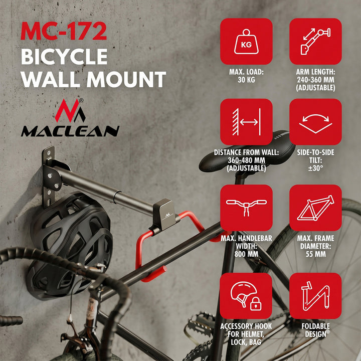 Maclean Fahrradhalterung / Wandhalterung, horizontal, Stahl, max. Belastbarkeit 30 kg, Winkelverstellbar, MC-172