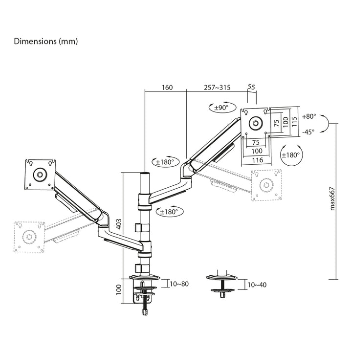 Ergo Office-Halterung/Aufhängung für 2 Monitore, Gasfeder, 17"-32", 1-10 kg, mattschwarz, ER-692 B