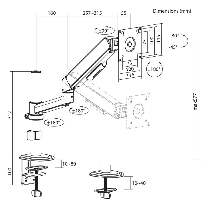 Ergo Office Monitorhalterung/-aufhängung, Gasfeder, 17"-32", 1-10 kg, mattschwarz, max. VESA 100x100, ER-691 B