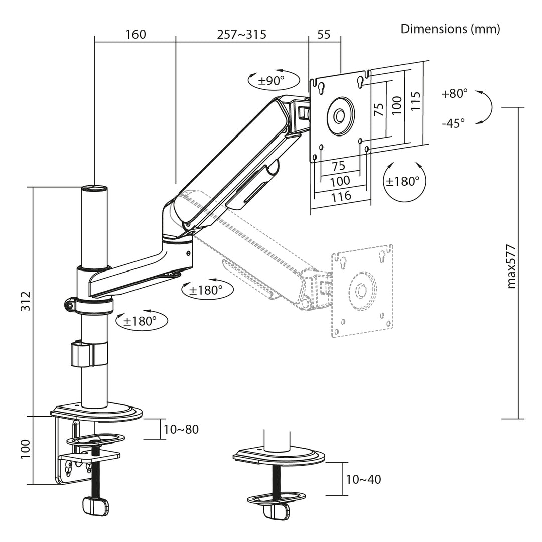 Ergo Office Monitorhalterung/-aufhängung, Gasfeder, 17"–32", 1–10 kg, mattweiß, max. VESA 100×100, ER-691 W