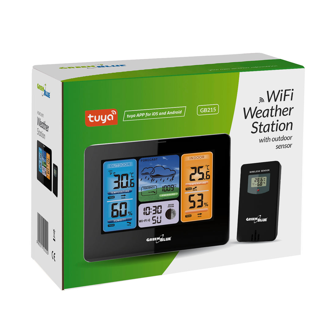GreenBlue WiFi-Wetterstation, TUYA-kompatibel, Außensensor, Kalender, Wettervorhersage, Barometer, Netzadapter, Batterien, GB215
