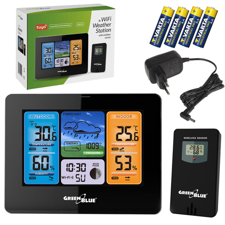 GreenBlue WiFi-Wetterstation, TUYA-kompatibel, Außensensor, Kalender, Wettervorhersage, Barometer, Netzadapter, Batterien, GB215