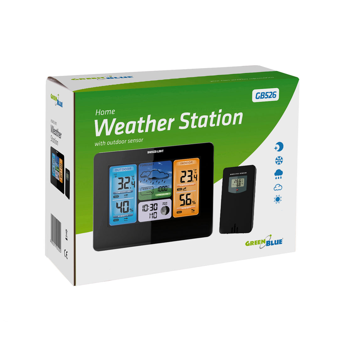 GreenBlue Funkwetterstation, Farbe, mit DCF, Mondphasen, Netzteil, Batterien, GB526