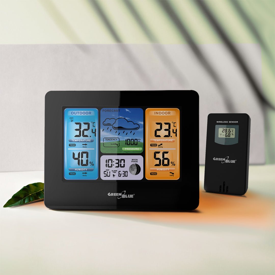 GreenBlue Funkwetterstation, Farbe, mit DCF, Mondphasen, Netzteil, Batterien, GB526