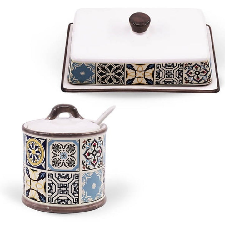 Holiday in Porto Maestro Keramik-Zuckerdose, Inhalt 300ml, Set bestehend aus - Keramiklöffel, MR-20005-09 + Holiday in Porto Maestro Keramik-Butterdose, MR-20005-45