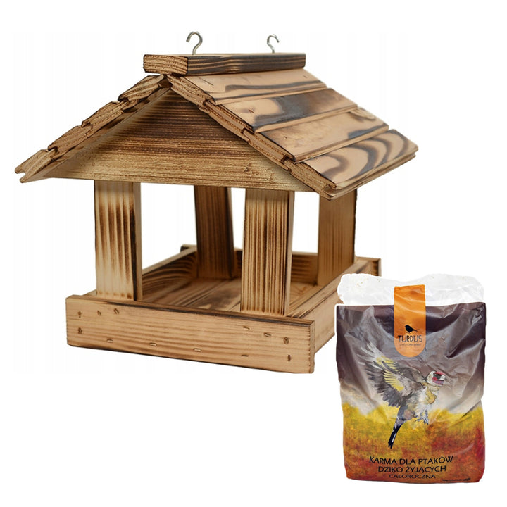 Woodok Vogelfutterhaus, Fichtenholz, gebrannt, starke Haken + Vogelfutter 1kg