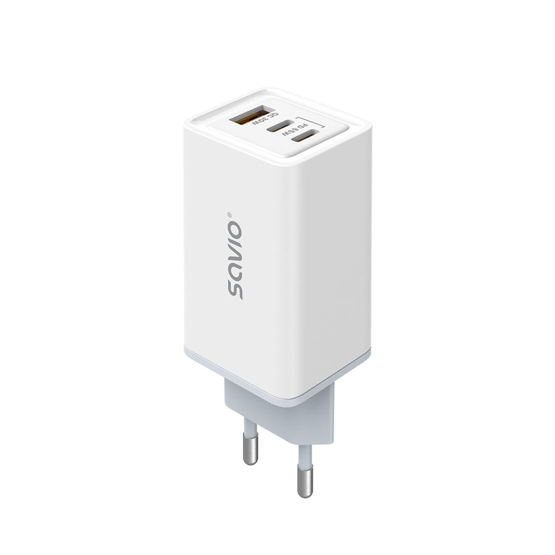 Savio Netzladegerät, 1x USB-A, 2x USB-C, GaN, 65W, weiß, SAVLA-07