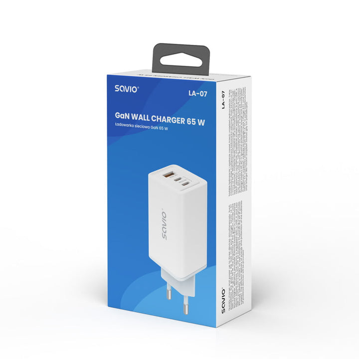 Savio Netzladegerät, 1x USB-A, 2x USB-C, GaN, 65W, weiß, SAVLA-07