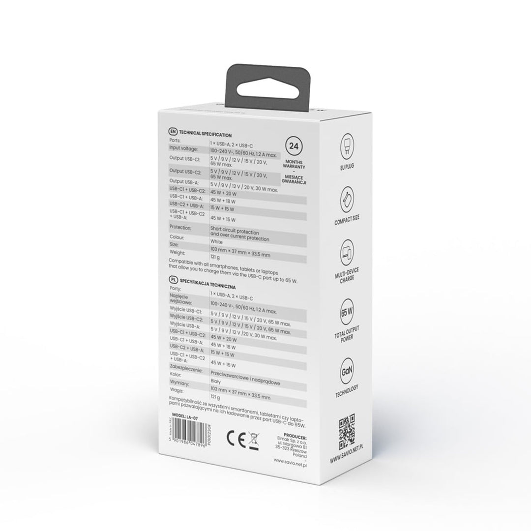 Savio Netzladegerät, 1x USB-A, 2x USB-C, GaN, 65W, weiß, SAVLA-07