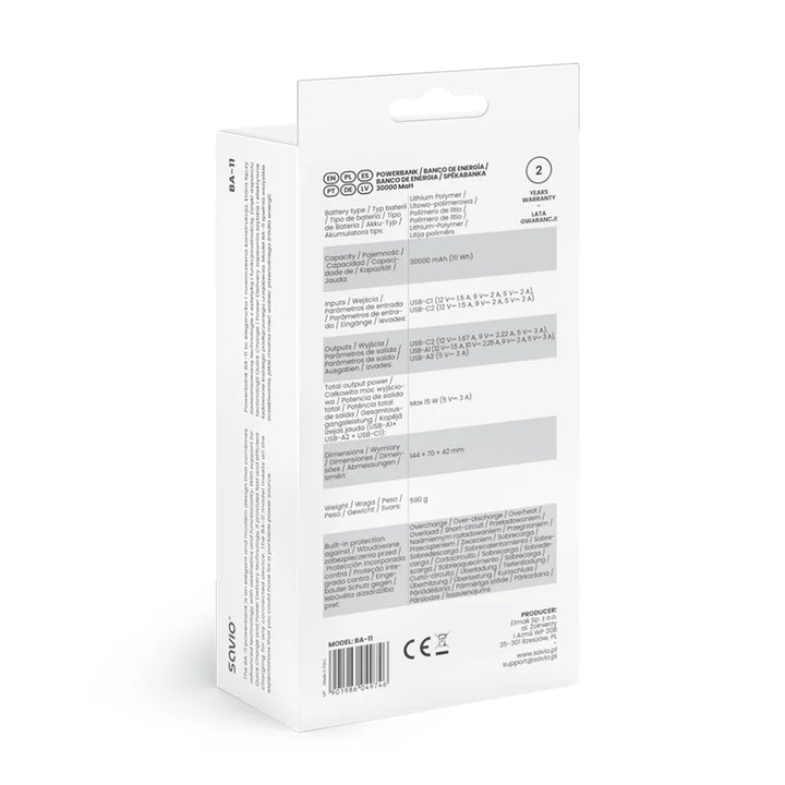 Powerbank SAVIO, 2 Ports USB, 1 Port USB-C, Schnellladung, Power Delivery, SAVBA-11