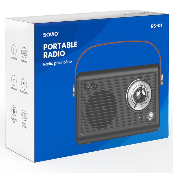 Savio tragbares FM-Radio, batteriebetrieben, Bluetooth, AUX, SAVRS-01