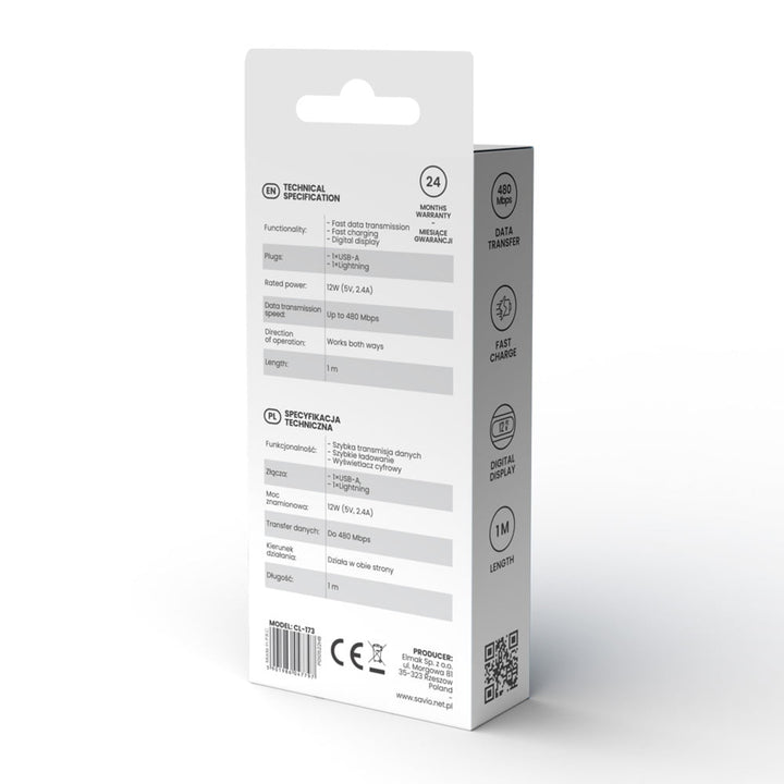 USB zu Lightning Savio Kabel, Digitalanzeige, Länge 1m, SAVKABELCL-173