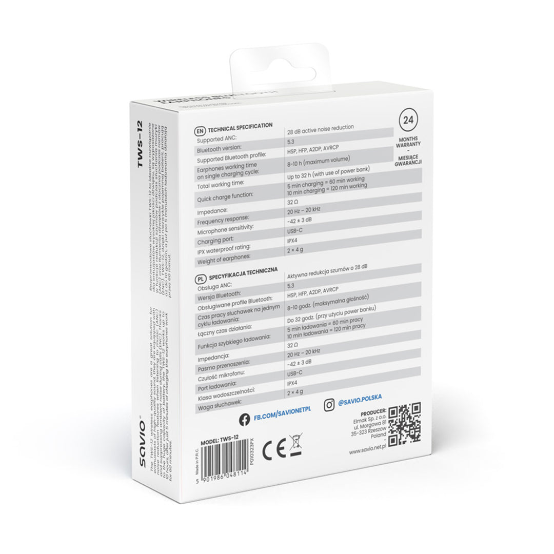 Savio Wireless Kopfhörer, Bluetooth 5.3, ANC, USB-C, schwarz