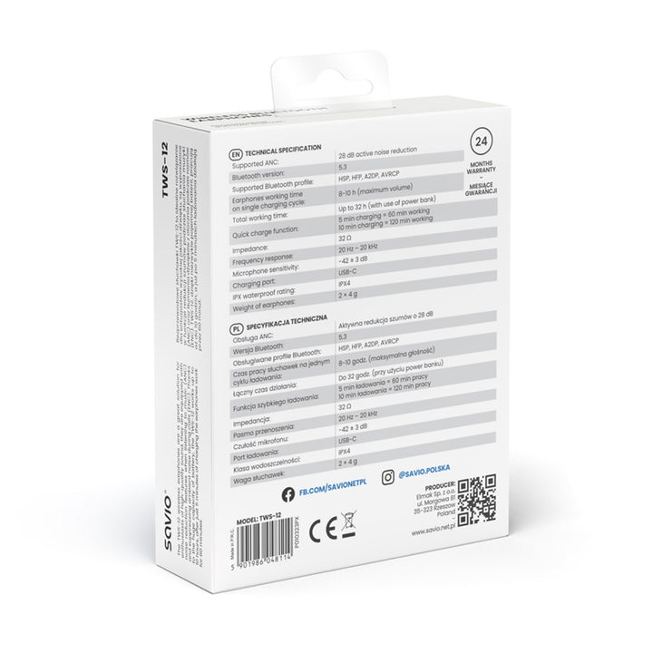 Savio Wireless Kopfhörer, Bluetooth 5.3, ANC, USB-C, schwarz