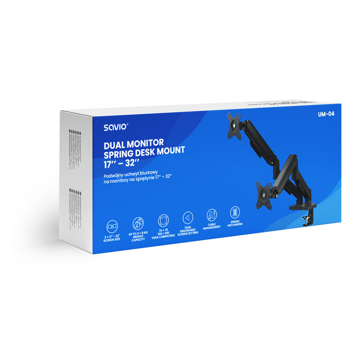 Savio Doppelmonitor-Tischhalterung, 17-32'', 9kg Belastung pro Monitor, VESA, Federmechanismus, schwarz, SAVUM-04