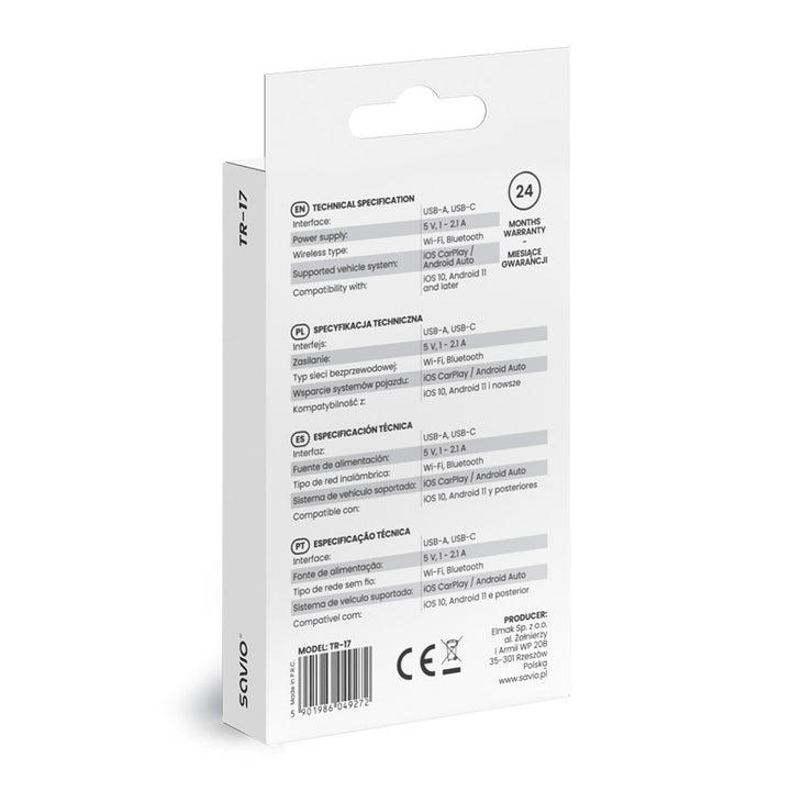 Drahtloser Adapter Savio, CarPlay, Android Auto, Bluetooth, WLAN, SAVTR-17