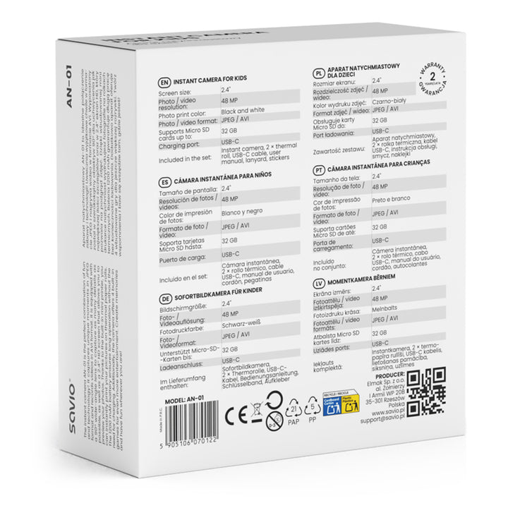 Savio Sofortbildkamera für Kinder, 48MP Auflösung, 2,4'' Bildschirm, 2 Thermorollen, SAVAN-01