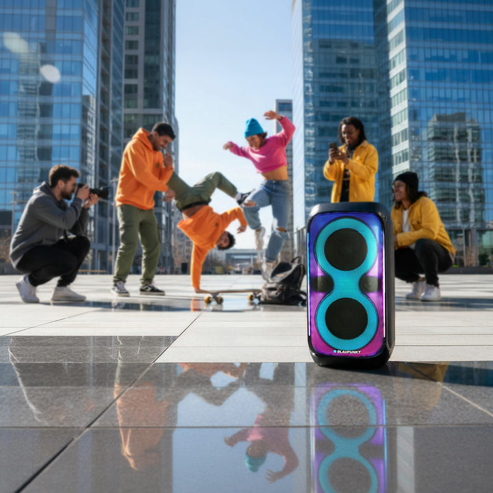 Blaupunkt Party Box Speaker, LED-Beleuchtung, Bluetooth, USB und AUX, FM-Radio, Karaoke-Funktion, Fernbedienung, Batterielaufzeit bis zu 18h, PB60X