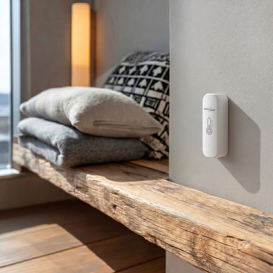GreenBlue WLAN-Temperatur- und Feuchtigkeitssensor, Android/iOS/Alexa/Google Home, 3,0 V Gleichstrom, LR03x2, GB737