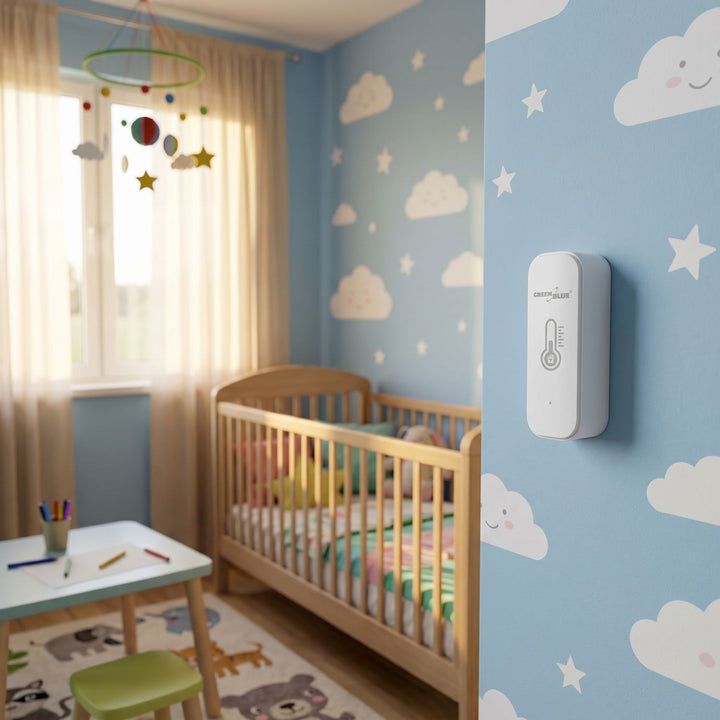 GreenBlue WLAN-Temperatur- und Feuchtigkeitssensor, Android/iOS/Alexa/Google Home, 3,0 V Gleichstrom, LR03x2, GB737