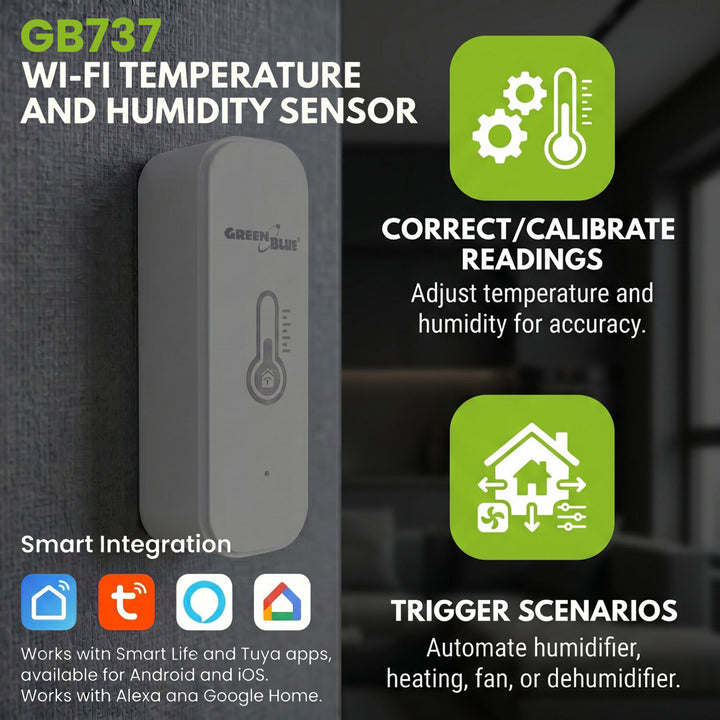 GreenBlue WLAN-Temperatur- und Feuchtigkeitssensor, Android/iOS/Alexa/Google Home, 3,0 V Gleichstrom, LR03x2, GB737