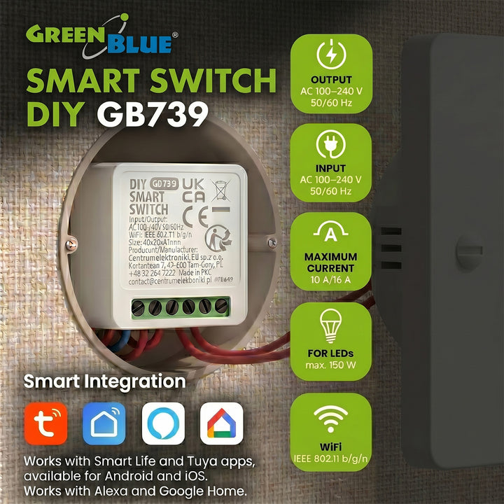 GreenBlue Unterputz-WLAN-Relais, Android/iOS/Alexa/Google Home, 100–240 V AC, 50/60 Hz, max. 16 A, für LED 150 W, GB739
