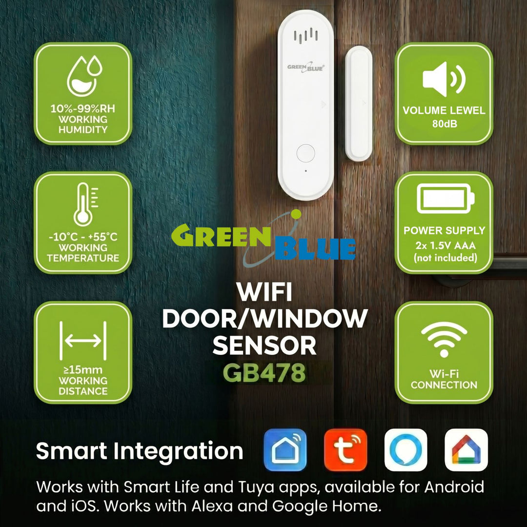 Drahtloser Reed-Schalter / WiFi-Öffnungssensor von GreenBlue, Android/iOS, für Türen / Fenster, 3,0 V DC, LR03x2, mit Alarm, GB478
