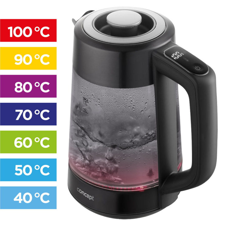 Concept Glas-Wasserkocher, Fassungsvermögen 1,7 l, Leistung 1850–2200 W, Farbe Schwarz, Strix-Anschluss, Temperaturregelung, digitale Steuerung, RK4195