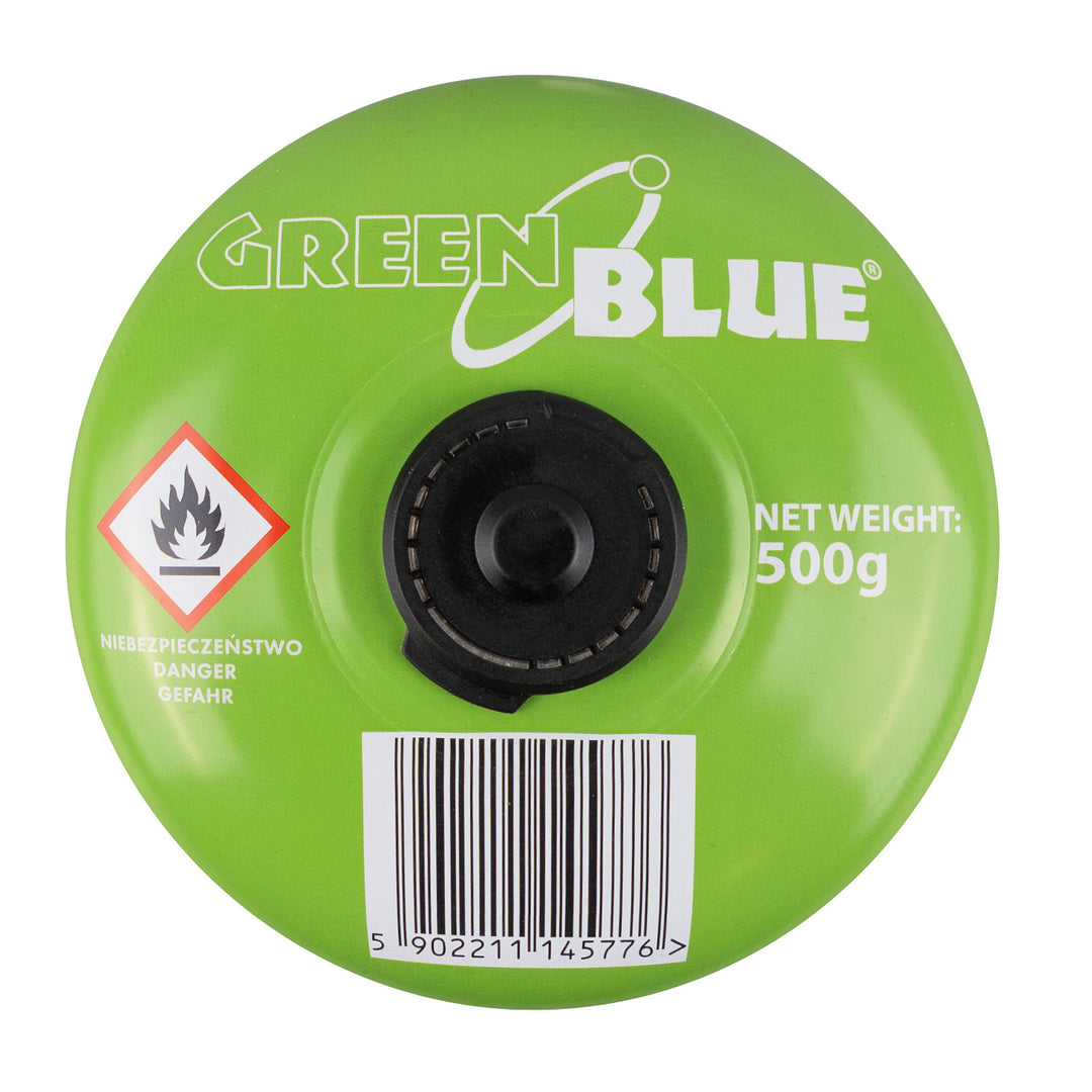 GreenBlue-Gaskartusche 500 g. Zertifizierung: Pi 0437, gemäß EN 417, Butan-Propan, Temperaturbereich -10 °C bis +40 °C, Gewindeventil 7/16'' GB499