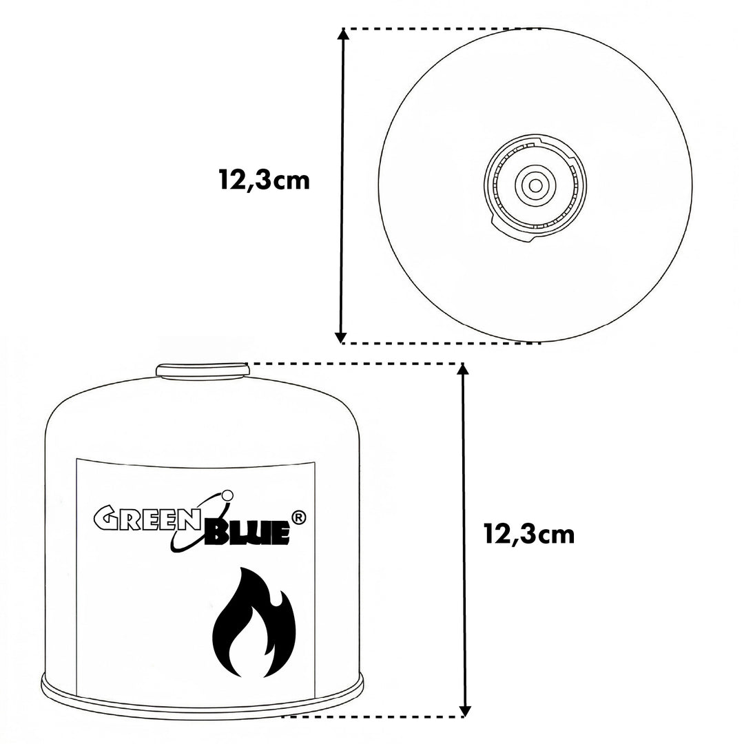 GreenBlue-Gaskartusche 500 g. Zertifizierung: Pi 0437, gemäß EN 417, Butan-Propan, Temperaturbereich -10 °C bis +40 °C, Gewindeventil 7/16'' GB499