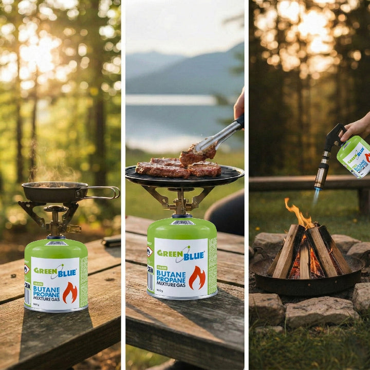 GreenBlue-Gaskartusche 500 g. Zertifizierung: Pi 0437, gemäß EN 417, Butan-Propan, Temperaturbereich -10 °C bis +40 °C, Gewindeventil 7/16'' GB499