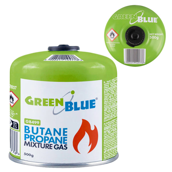 GreenBlue-Gaskartusche 500 g. Zertifizierung: Pi 0437, gemäß EN 417, Butan-Propan, Temperaturbereich -10 °C bis +40 °C, Gewindeventil 7/16'' GB499