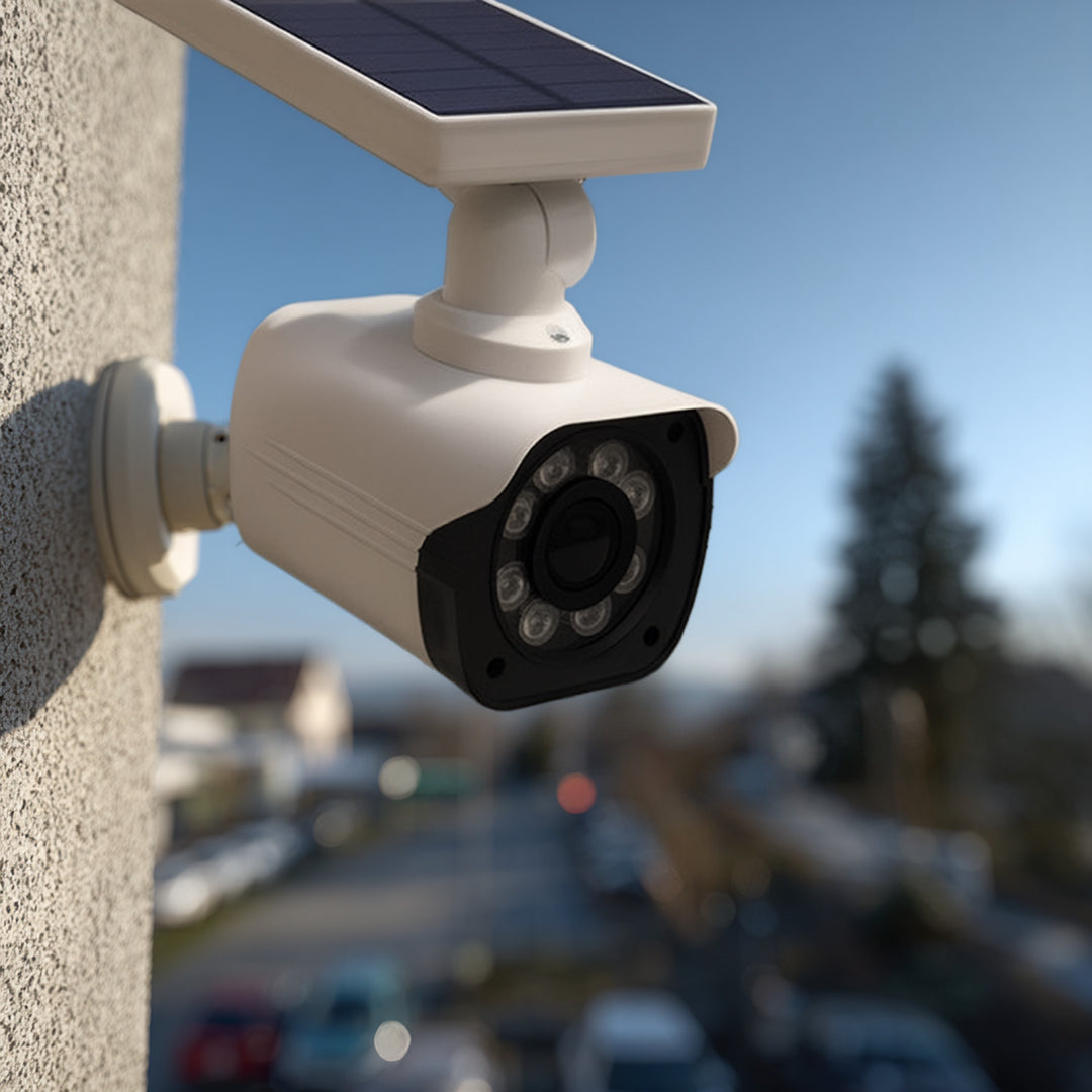 Solar-Kameraattrappe, blinkende LED, Bewegungssensor, LED-Beleuchtung, kostenloser Aufkleber, SOL1800S, 2 Stück