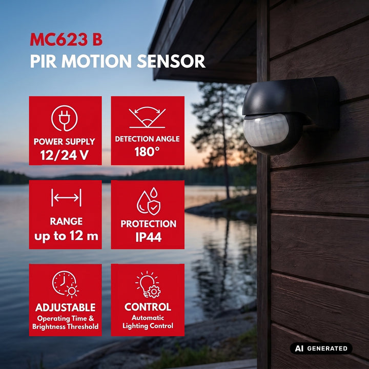 Maclean PIR-Bewegungsmelder 12–24 V, Infrarot, IP44, schwarz, Reichweite 12 m, max. Belastbarkeit 60/120 W, MCE623 B