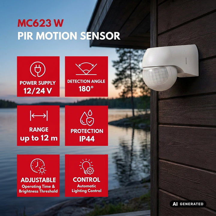 Maclean PIR-Bewegungsmelder 12–24 V, Infrarot, IP44, weiß, Reichweite 12 m, max. Last 60/120 W, MCE623 W