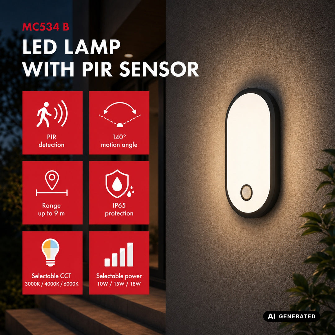 Maclean LED-Leuchte mit Bewegungsmelder, PIR-Sensor, schwarz, 10 W/15 W/18 W, IP65, einstellbare Farbtemperatur 3000/4000/6000 K, MCE534 B