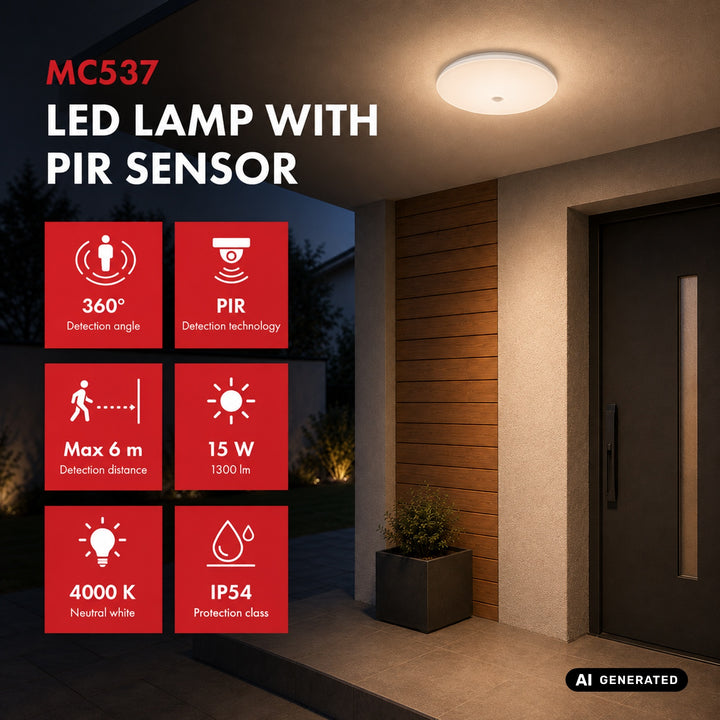 Maclean LED-Leuchte mit PIR-Sensor, Deckenleuchte, 15 W, 1300 lm, IP54, 220–240 V~, 50/60 Hz, MCE537