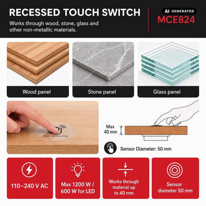 Maclean Unterputz-Touchschalter, <40 mm, 110–240 V AC, max. Belastbarkeit 600 W für LED, MCE824