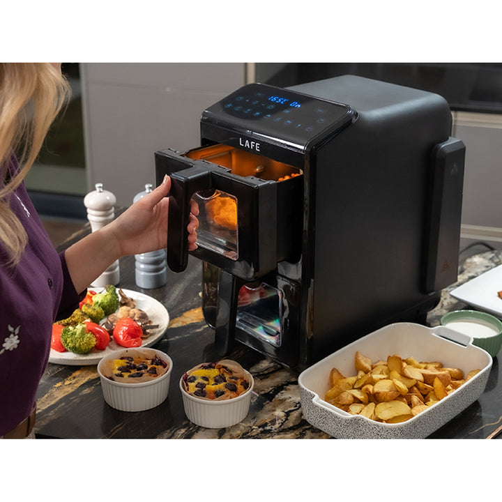 LAFE Fettfreie Fritteuse, Air Fryer, 2 Kammern 5 l, Leistung 2460 W, LCD-Display, Dual Fry