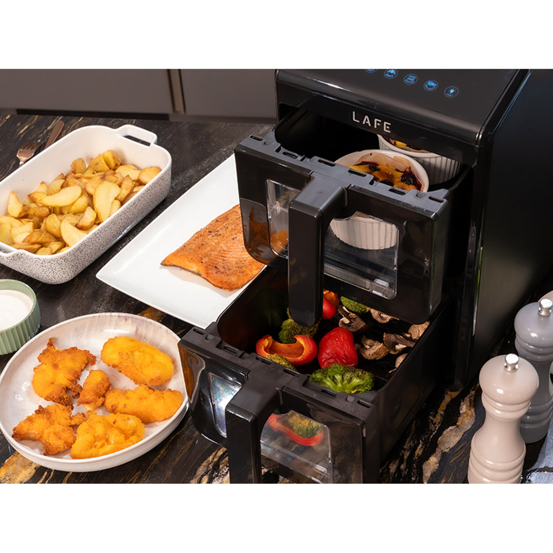LAFE Fettfreie Fritteuse, Air Fryer, 2 Kammern 5 l, Leistung 2460 W, LCD-Display, Dual Fry